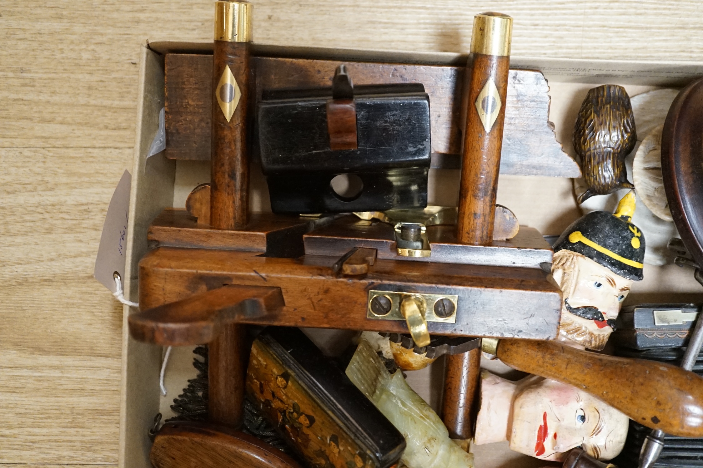 Mixed collectables to include a Fillister plough plane, a butter mould, a snuff box and carved novelties. Condition - varies, mostly fair